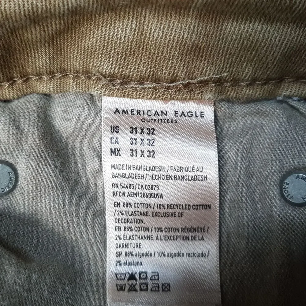 American Eagle Jeans Mens 32x30 Brown Tan Denim AirFlex Preppy Faded Whiskering